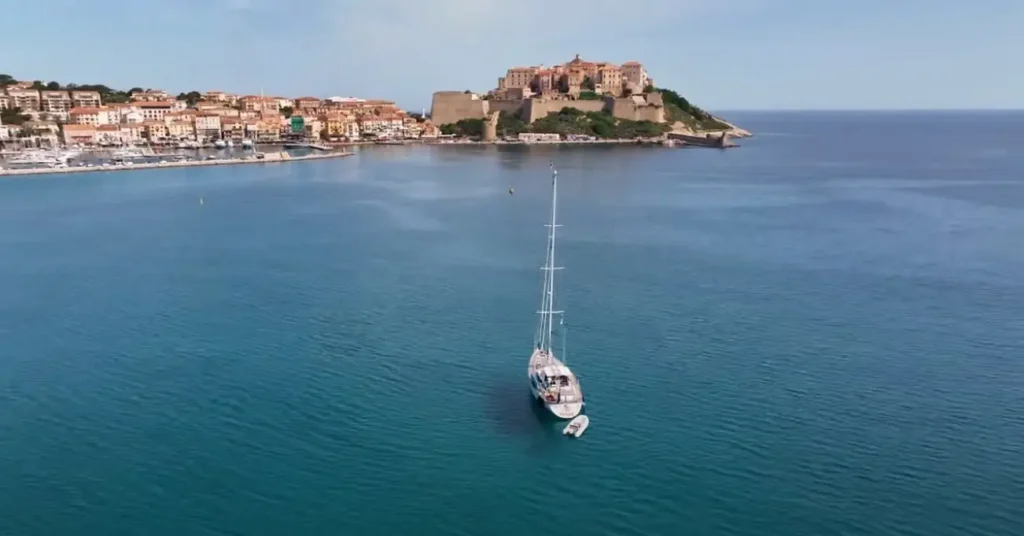 baie_de_calvi_voilier_port_mer_turquoise_paysage Voilier voguant paisiblement dans la baie de Calvi, avec en toile de fond la mer turquoise et la citadelle historique de la ville.
