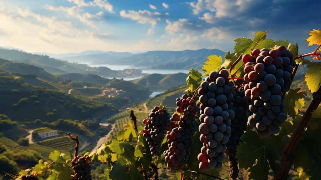 vignobles-en-pleine-nature-avec-des-grappes-de-raisin Vignobles ensoleillés avec grappes de raisin et montagnes en arrière-plan, symbolisant la tradition viticole et la sérénité naturelle.