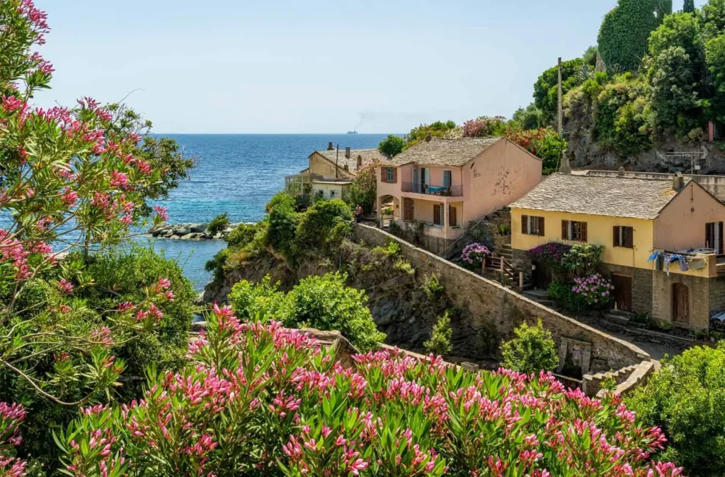 Maisons en pierre et lauriers roses surplombant la mer dans un village du Cap Corse