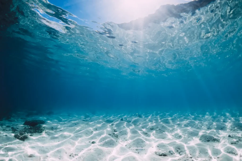 balade-en-bateau-en-haute-corse-scandola-lavezzi-cap-corse Vue sous-marine spectaculaire dans les eaux cristallines de Corse, où les rayons du soleil pénètrent l'eau turquoise pour illuminer un fond de sable blanc texturé. Idéal pour illustrer la clarté de l'eau aux îles Lavezzi.