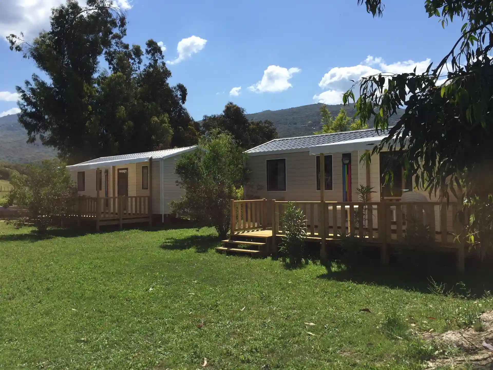 Alignement de mobil-homes neufs sur une pelouse verdoyante avec vue panoramique sur les montagnes corses.