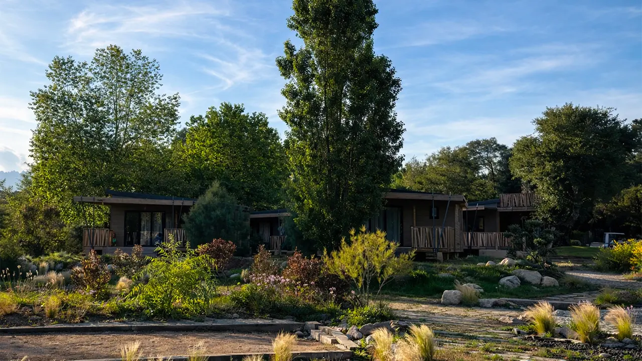 Logements haut de gamme au Camping U Pinarellu entourés de végétation corse