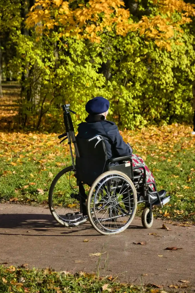 Camping-bord-de-plage-PMR Personne âgée en fauteuil roulant, de dos, portant un béret bleu, se promenant sur un chemin stabilisé au milieu d'un parc aux arbres aux feuilles d'automne dorées.